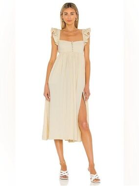 LPA Cream Ruffle-Shoulder Midi Dress with Side Slit